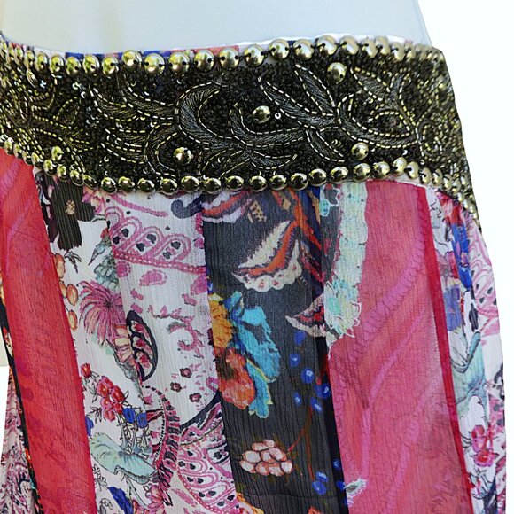 SiLK Haute Hippie Wide Leg Pants Heavy Beaded Waist Side Zip Patchwork Lined 8 - Picture 2 of 13